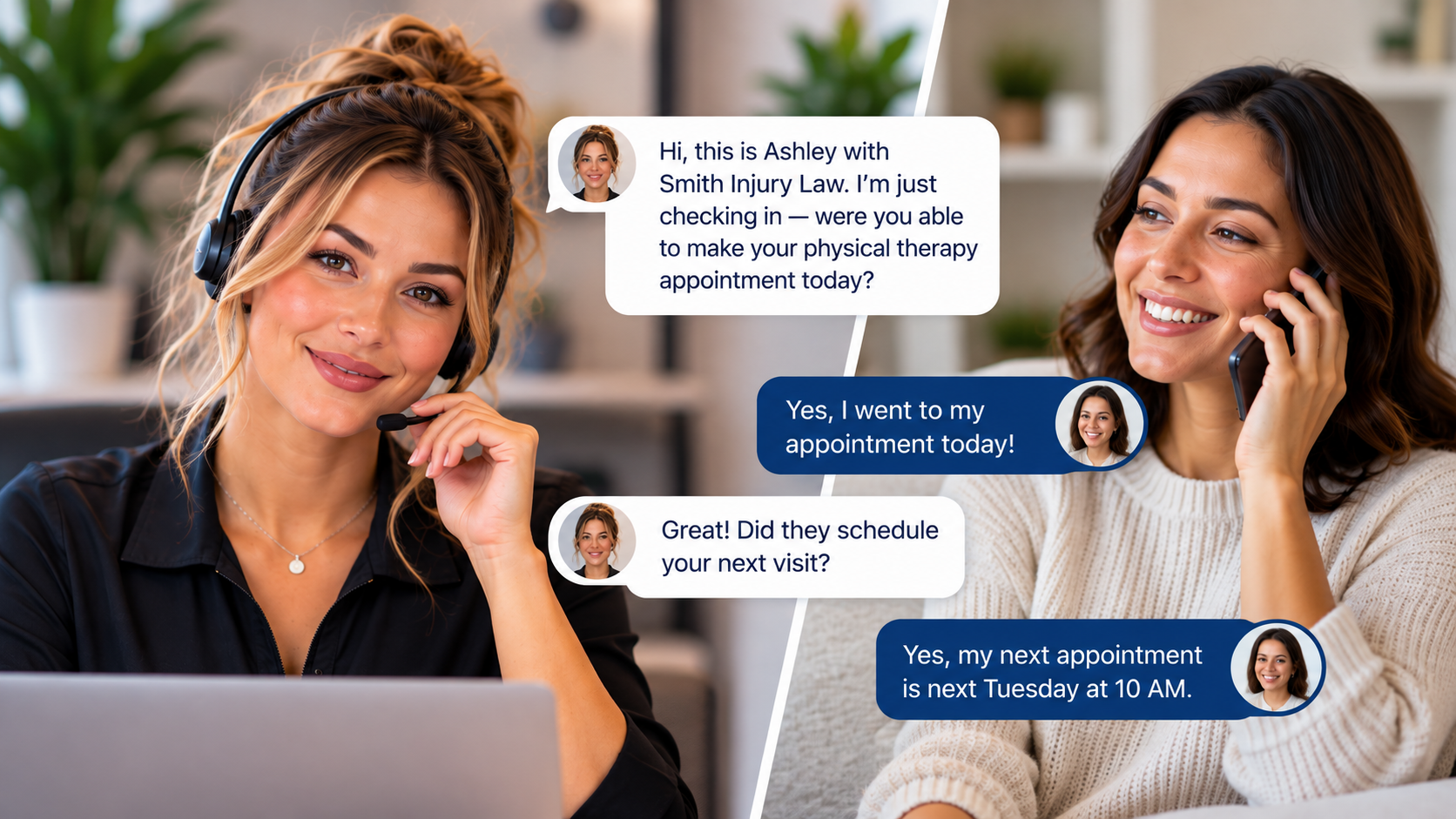 Text message conversation between Ashley and a personal injury client about a completed physical therapy appointment and the next scheduled visit